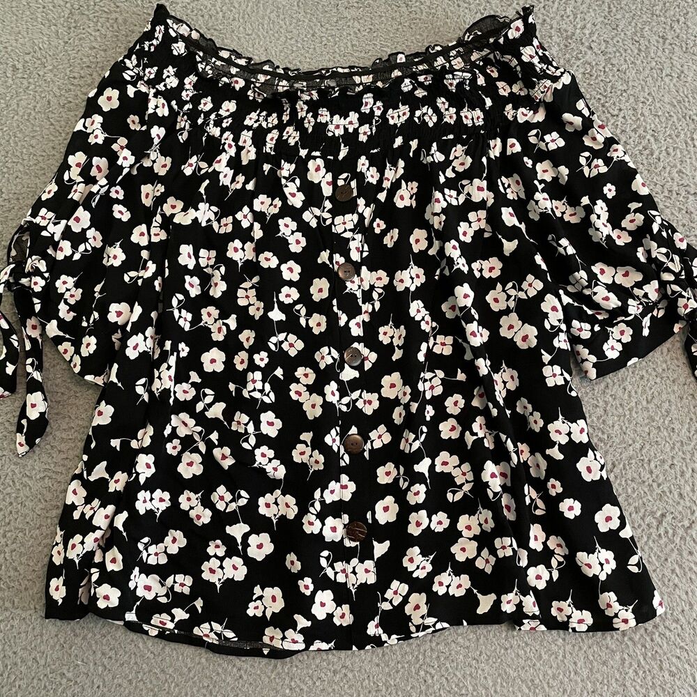 Unique Spectrum Womens Plus 3XL Off Shoulder Tie Sleeve Floral NWT Blouse Black
